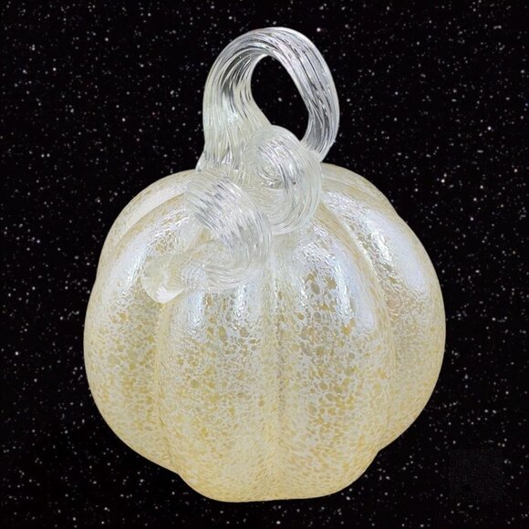 Yellow Metallic Finish Art Glass Pumpkin Figurine Paperweight Lightweight Clear - Picture 5 of 8